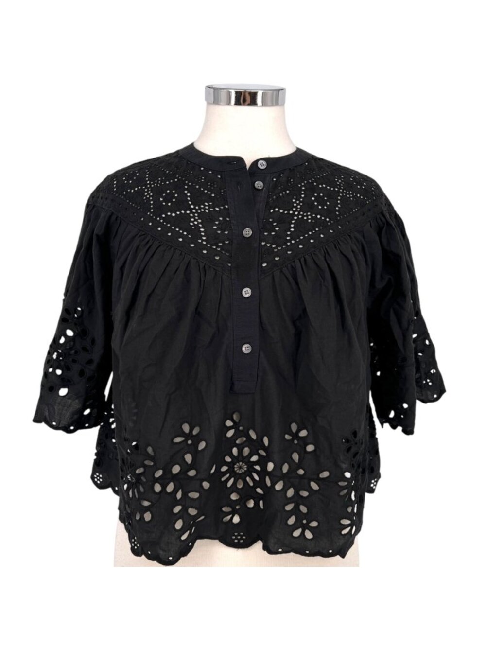 Madewell Embroidered Shirred Cotton Blouse Black Cottage Boho Chic XS NWT